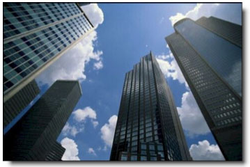 Looking up at skyscrapers